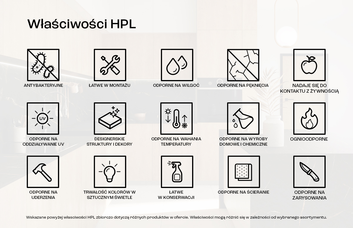 właściwości blatów, laminatów, powierzchni HPL, antybakteryjne, ognioodporne, odporne na UV, odporne na uszkodzenia, bezpieczne z żywnością, wytrzymałe