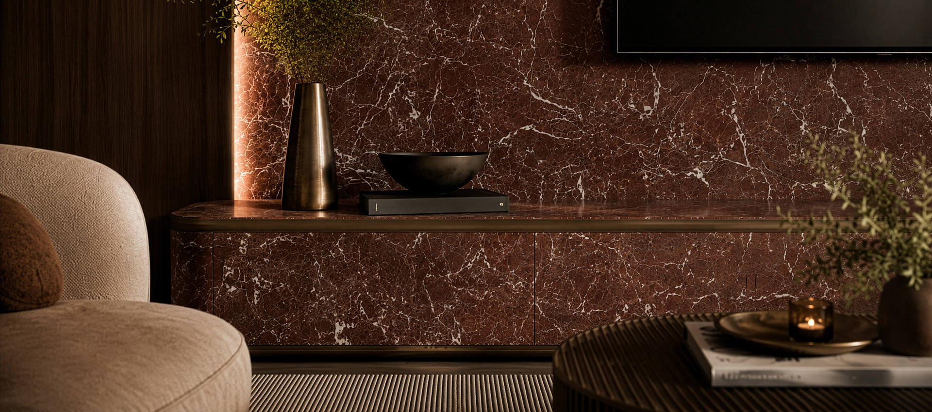 Aranżacja z dekorem Polyrey Marble Rosso - laminaty i płyty kompaktowe